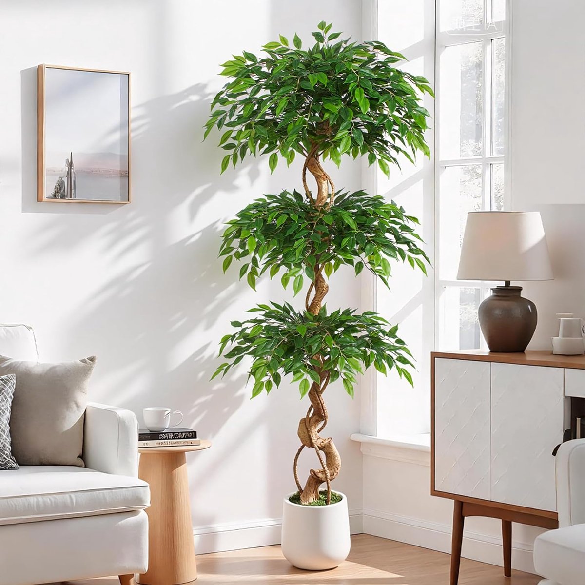 1,8 m grote ficus kunstbomen in witte pot, 183 cm hoge nep zijden boom met natuurlijke gebogen stam, weelderige kunstmatige ficusboom voor binnenhuisdecoratie, woonkamer, kantoor en terras