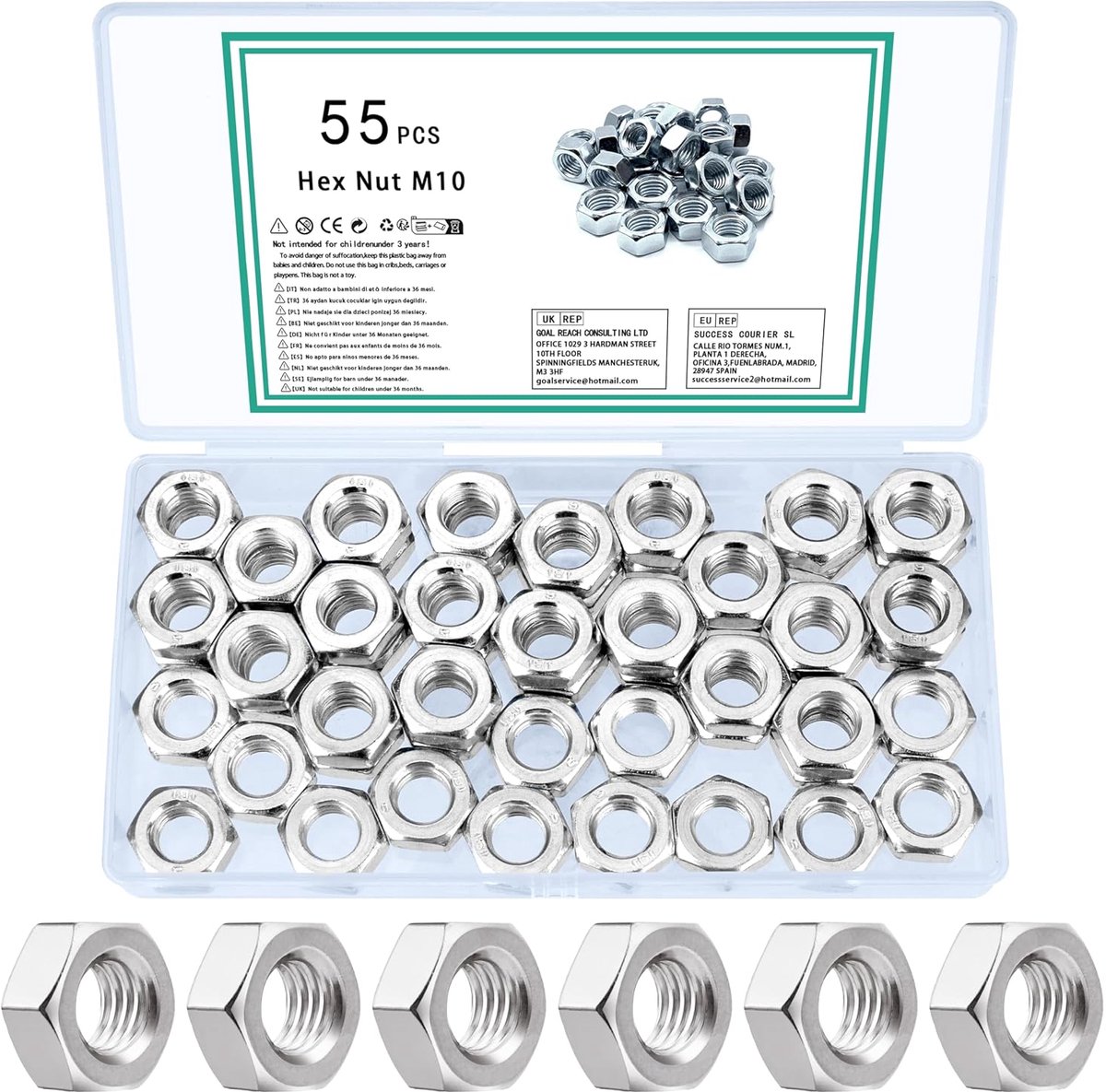 Set van 55 zeskantmoeren M10, set metrische sluitmoeren voor bouten en schroeven