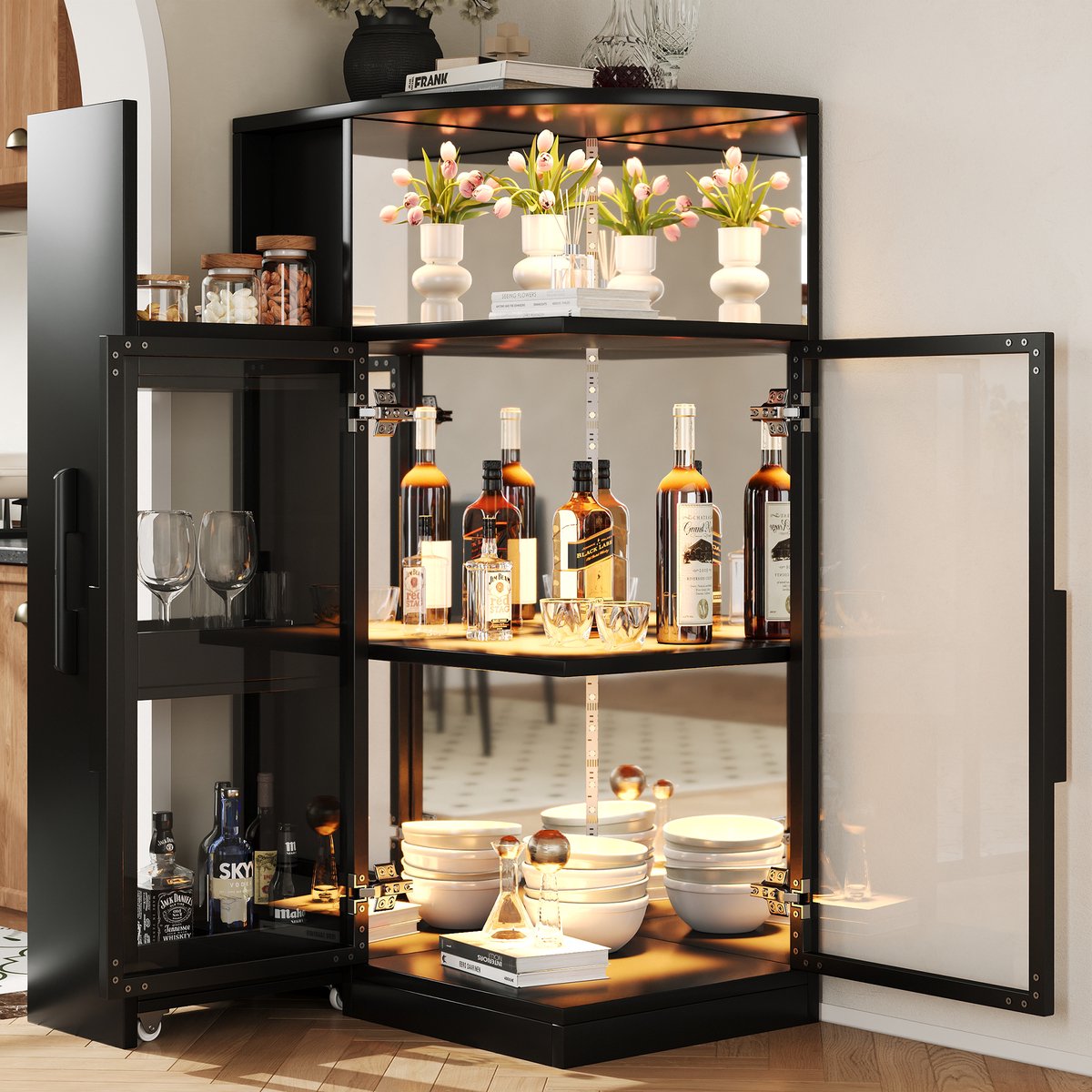 Intebiki vitrinekast met glas 64×42×112 cm – met ledverlichting en zij-uitbreidingen; kast met rolluikdeuren – Hoge kast in Franse stijl (geschikt als boekenkast, badkamerkast of eetkamerkast) - zwart