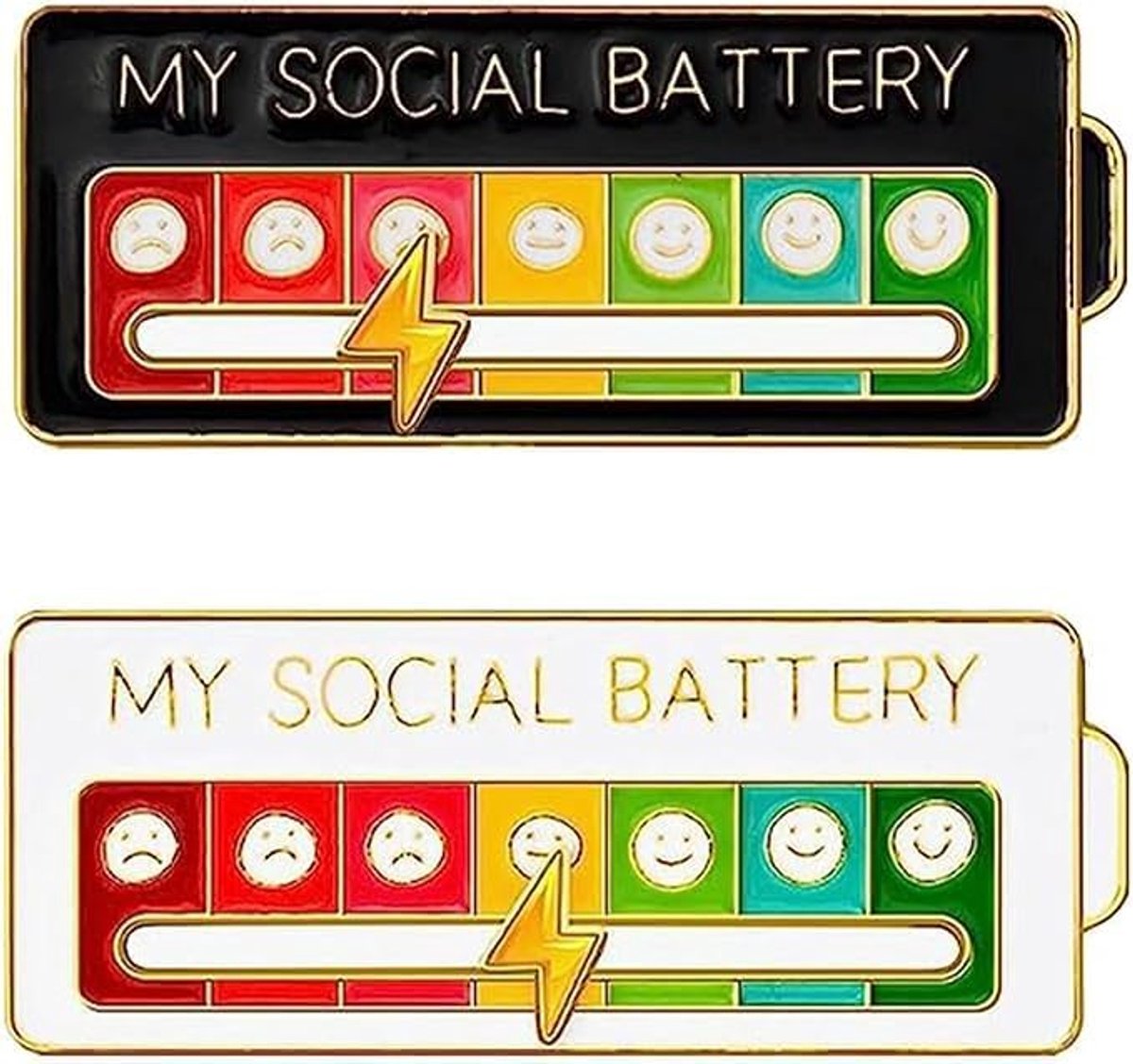 2 stuks Social Battery Pin, grappige sociale batterijpins voor zelfexpressie, modieus accessoire, emaille pins voor rugzakken, jassen en hoeden (A,B,C,D)