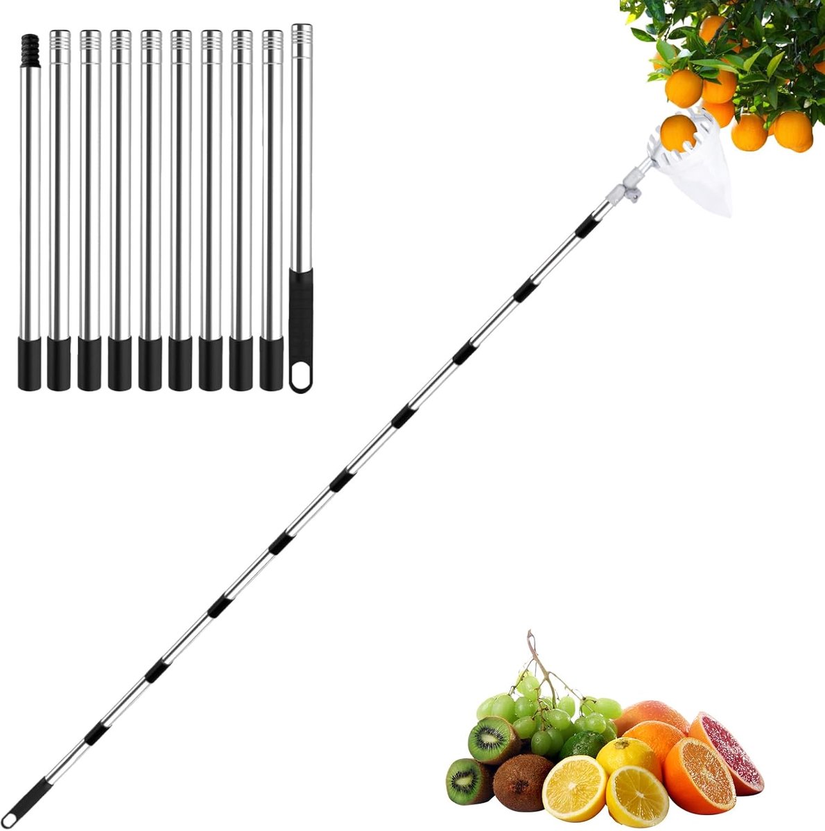 4M Fruitplukker met telescoopsteel, 180° draaibare verstelbare klapkop, appelplukker met roestvrijstalen telescooppaal en katoenen zak voor het oogsten van appels, kersen, sinaasappels en perziken