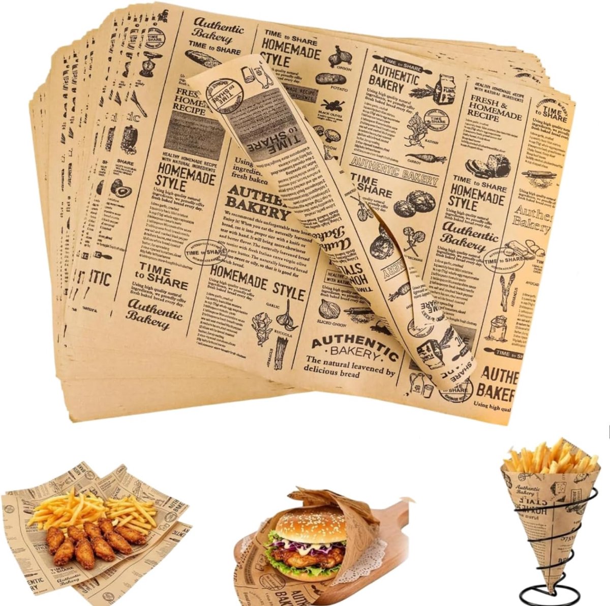 Bakpapier in krantenlook, 100 vellen sandwich-wrap-papier, 28 x 38 cm, burgerpapier, wegwerp, vetdichte papieren vellen voor sandwiches, friet, cake, brood
