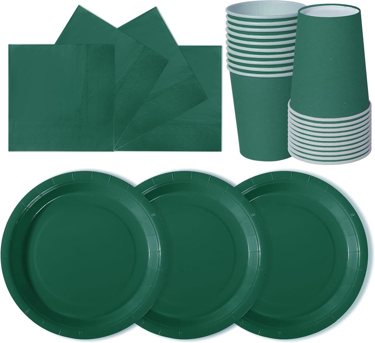 Hailstones Donkergroen, 72-delig papieren servies voor kinderverjaardagen: borden, bekers, servetten - 24 gasten
