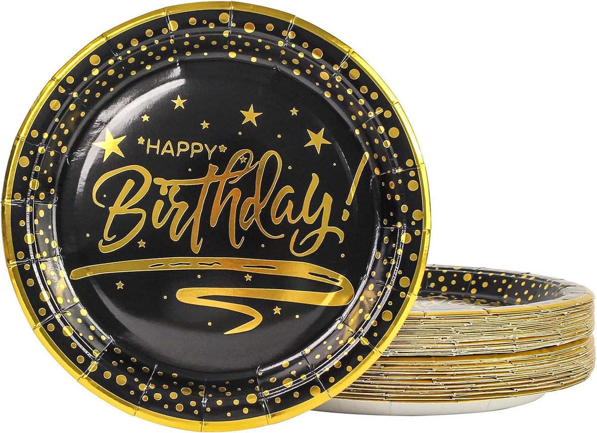 Borden, zwart-goud, 50 stuks, verjaardagsfeestborden, 23 cm, roze met gouden rand, wegwerpborden, kinderverjaardag, feestservies (zwart, 23 cm)
