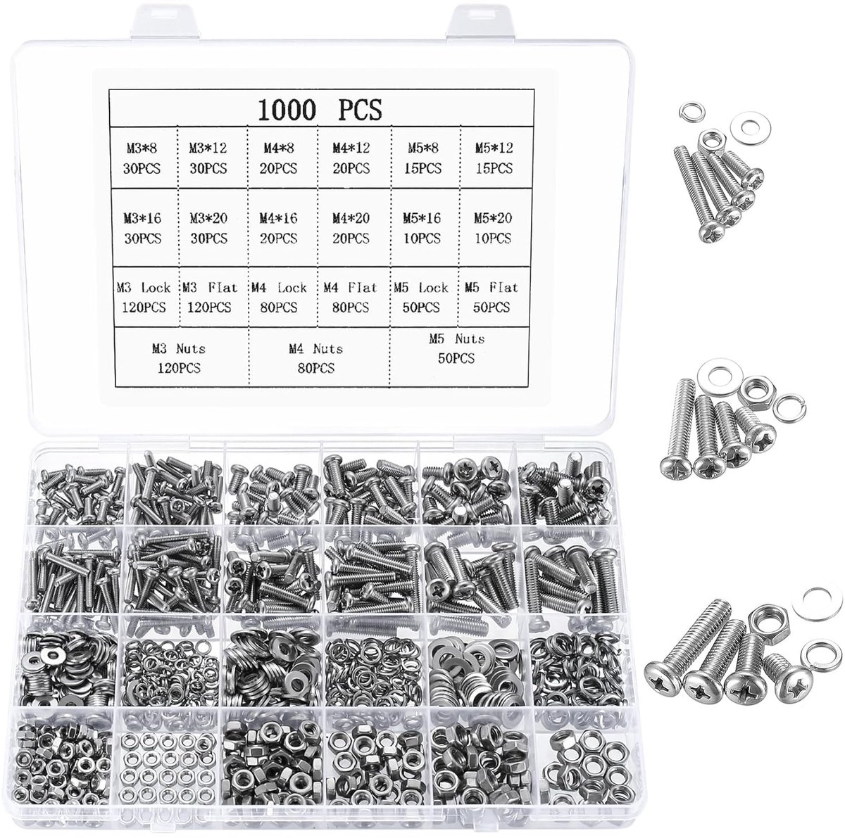1000 stuks M3 M4 M5 schroevenset, ronde kopschroeven, moeren set, lenskopschroeven en moeren en sluitringen, roestvrij staal, assortiment kruiskopschroeven met moeren