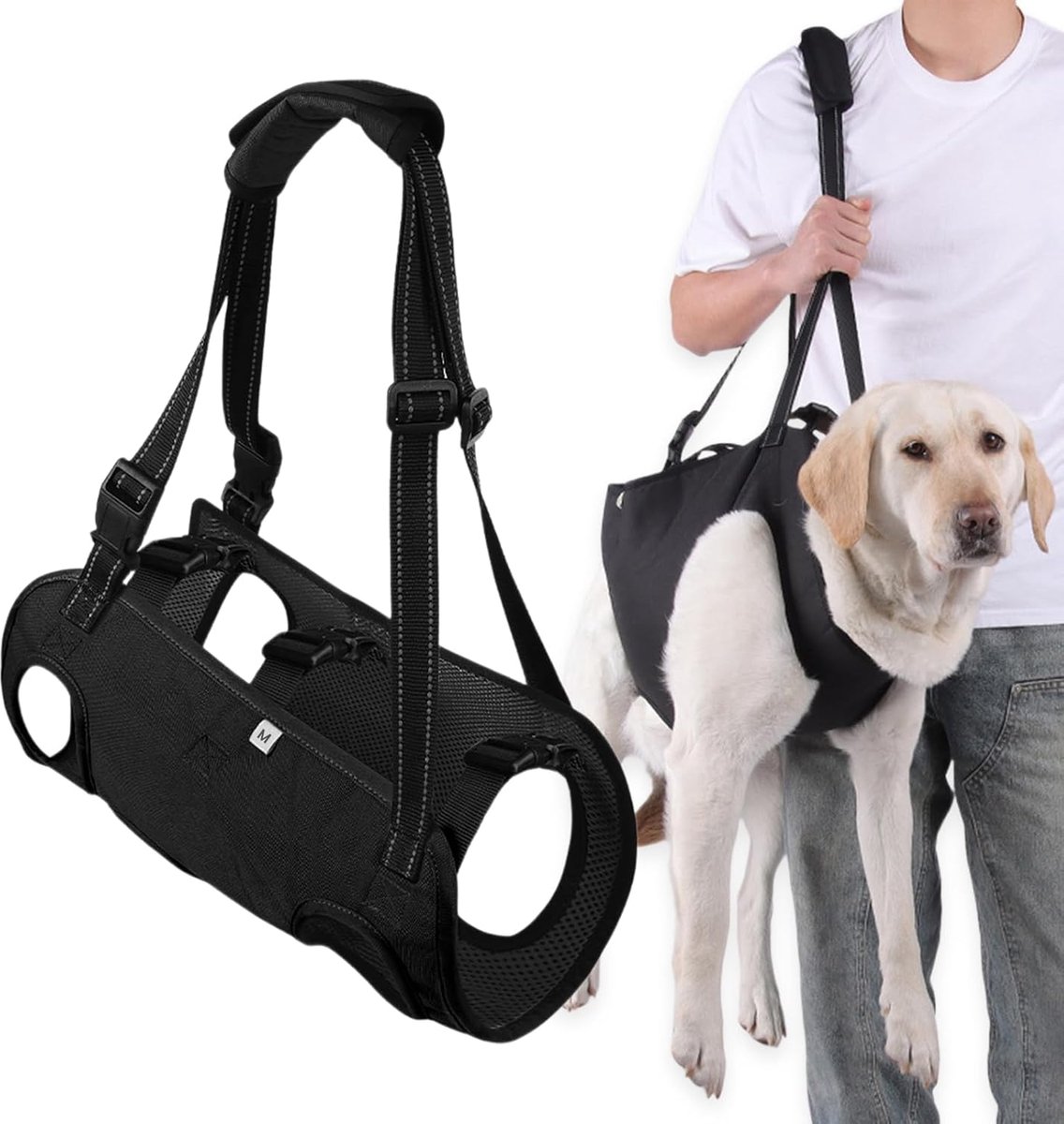 Hijsharnas voor honden, verstelbaar, hefhulp voor honden, revalidatievest voor oudere en gehandicapte honden, zwart, M
