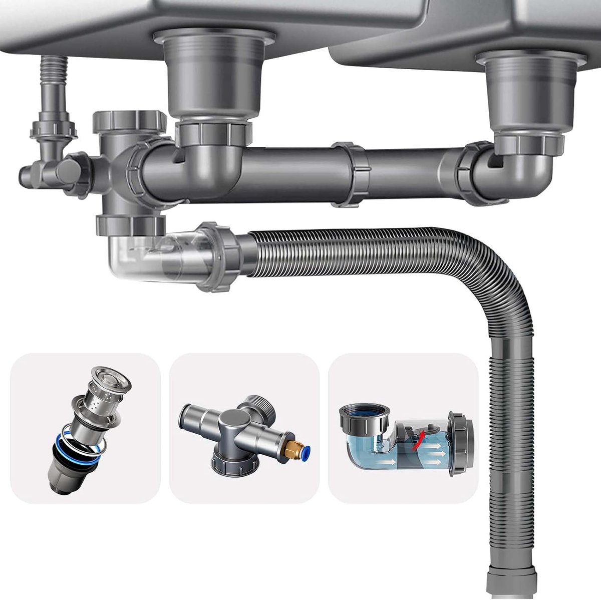 Gootsteen afvoer kit ruimtebesparende gootsteen afvoer kit uitbreidbaar flexibel 1 1/2 inch P-Trap Pijp 3-1/2 inch gootsteen afvoer montage kit met 4-weg fitting adapter voor