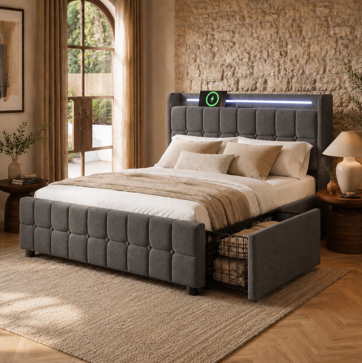 WUVRIE Tweepersoonsbed 180x200 cm met 4 lades, LED-verlichting en USB-oplaadfunctie, grijs