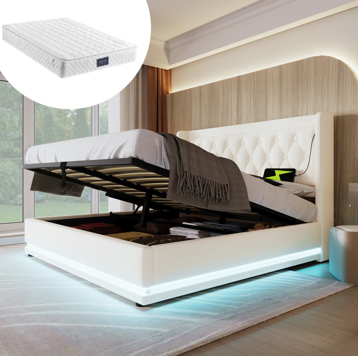 WUVRIE Gestoffeerd opbergbed 140x200 cm met USB-C, ledverlichting en lattenbodem, wit kunstleer