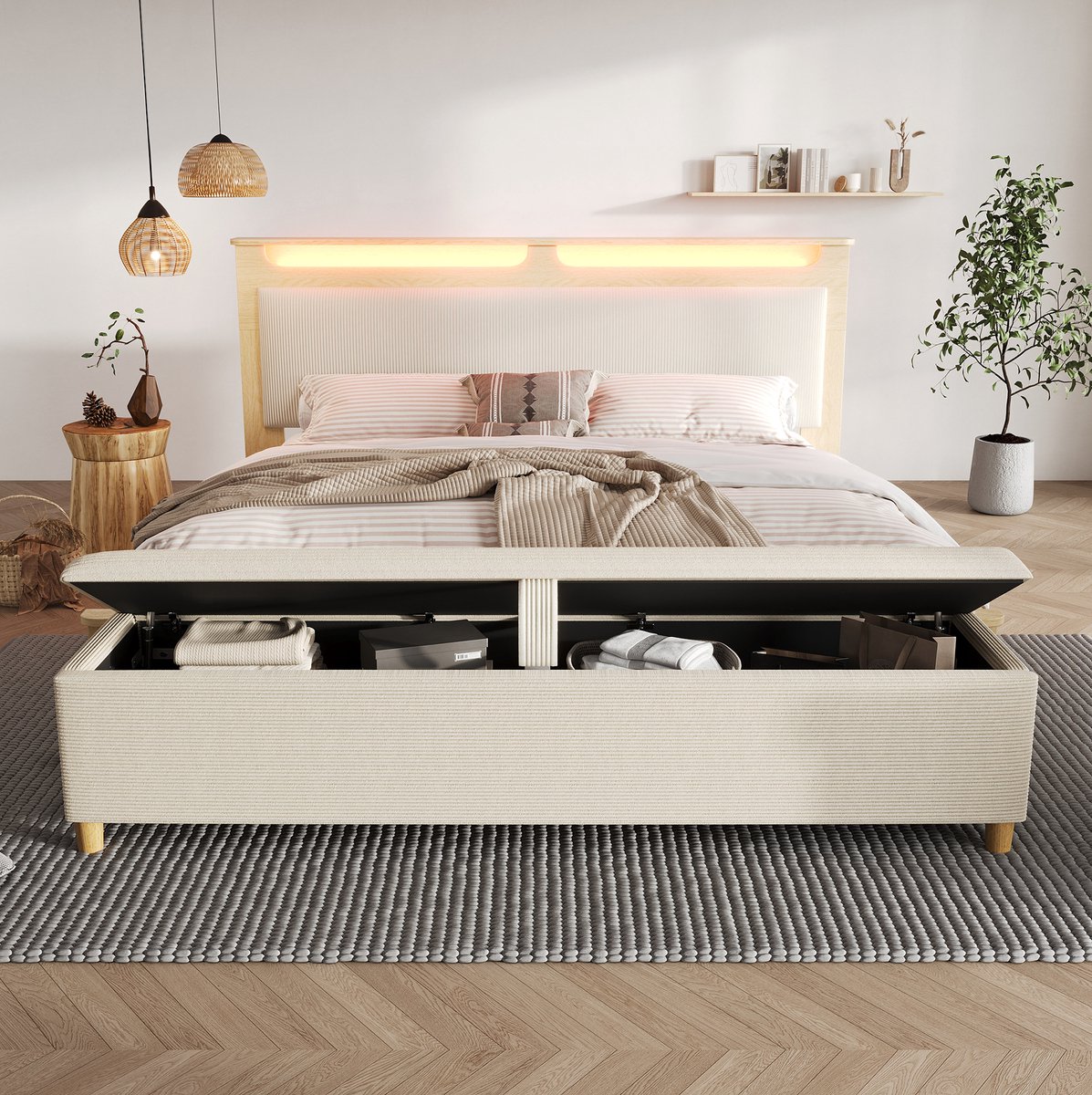WUVRIE Tweepersoonsbed 140x200 cm met LED-hoofdbord, opbergbank en matras, beige/eiken