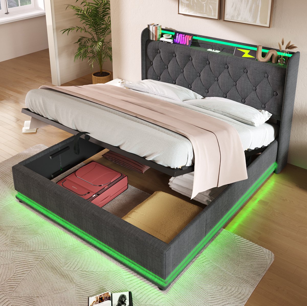 WUVRIE Gestoffeerd bedframe 140x190 cm met ledverlichting, hydraulische opbergruimte, USB en USB-C, grijs