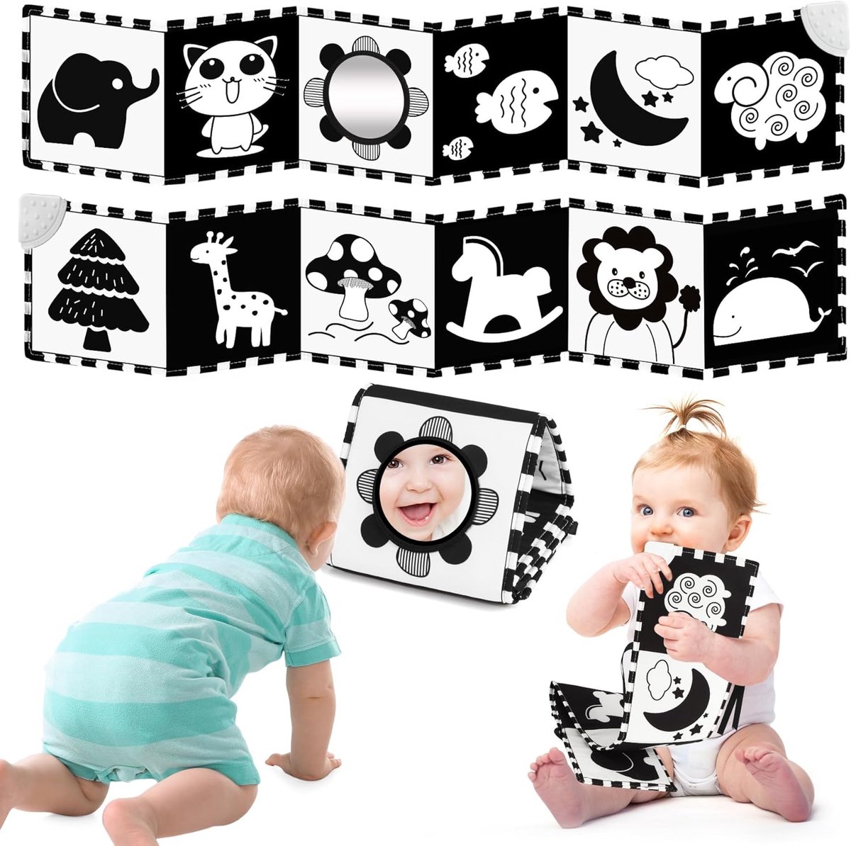 SnelShoppen - Zwart-Wit Babyboek Contrast Boekje voor Baby's - Stimulatie Visuele Ontwikkeling - Veilig Stof - Cadeau voor Nieuwgeborenen 0-12 Maanden