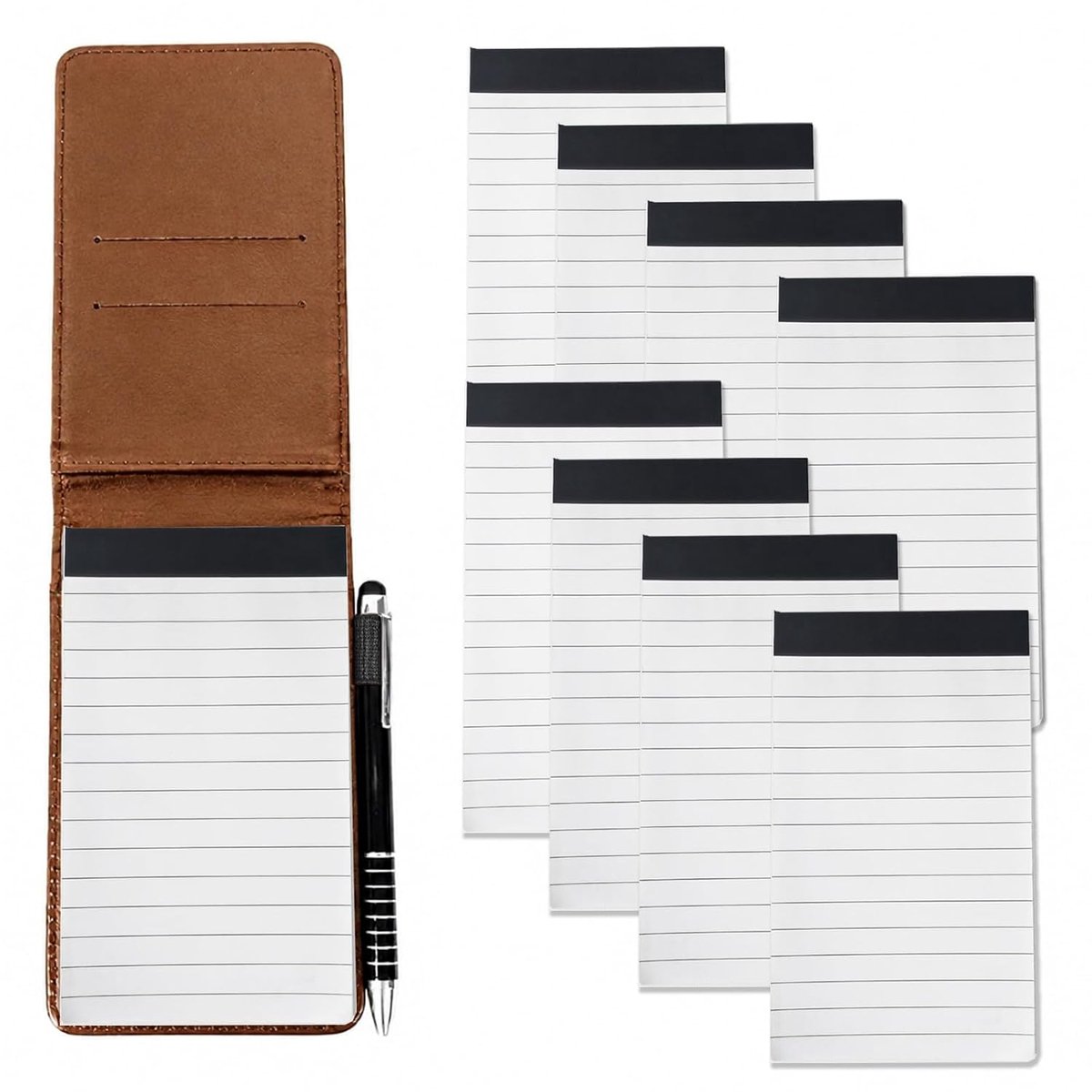 SnelShoppen - Pocket Notepad A7 Mini Notitieboek met 50 Lijnen, PU Leer, Notitieblok en Pen Set met 8 Vullingen voor Kantoor, School, Reizen, Creatief