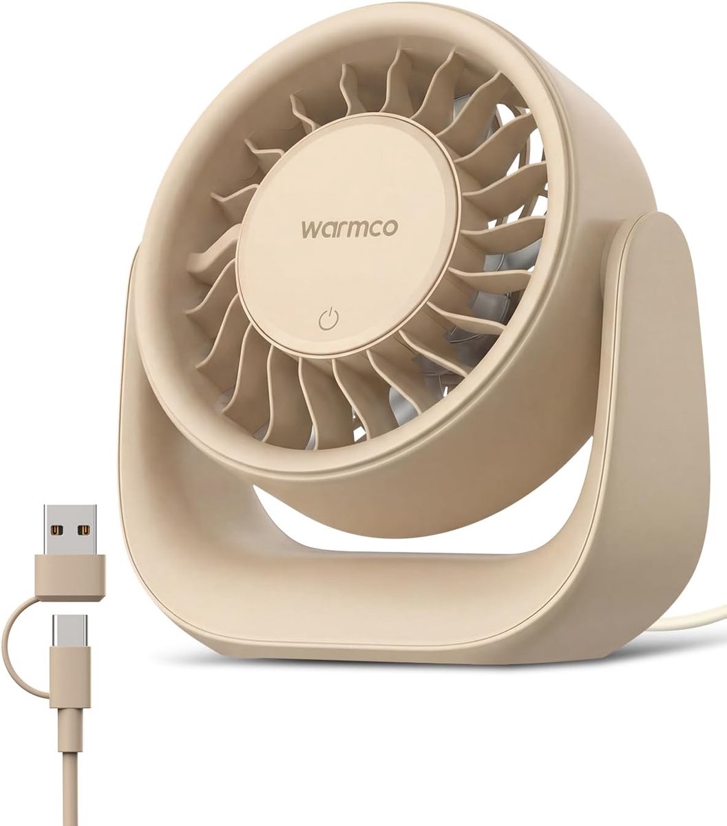 SnelShoppen - Warmco USB Desk Fan, Kleine Persoonlijke Bureauventilator met Touch Control, USB-A en USB-C Dual Plug (Zand) voor Thuis, Kantoor, Campin