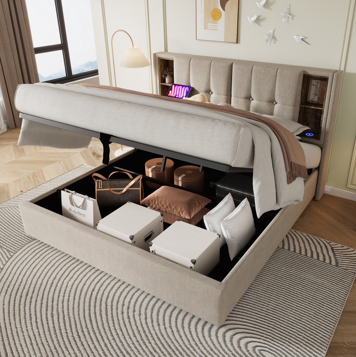 WUVRIE Opbergbed 180x200 cm met draadloos laden, USB en USB-C, lattenbodem en 4 vakken, naturel
