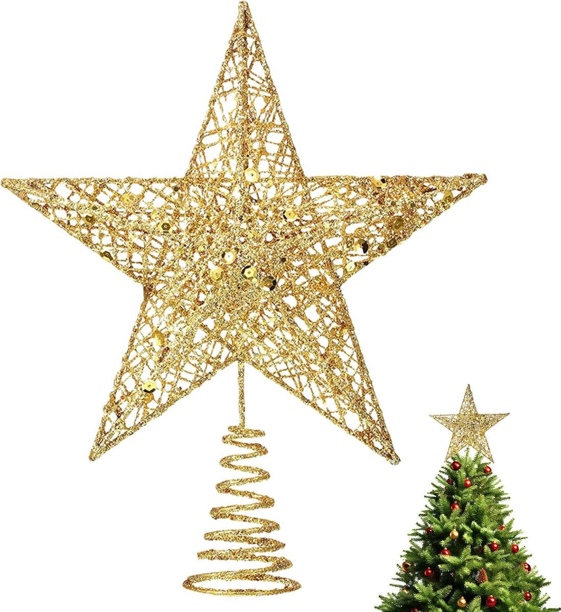 Kerstboomtopper Ster 20 cm - Glanzend met Glitter - Luxe Metaal - Stijlvolle Decoratie voor je Kerstboom - ShopVlot