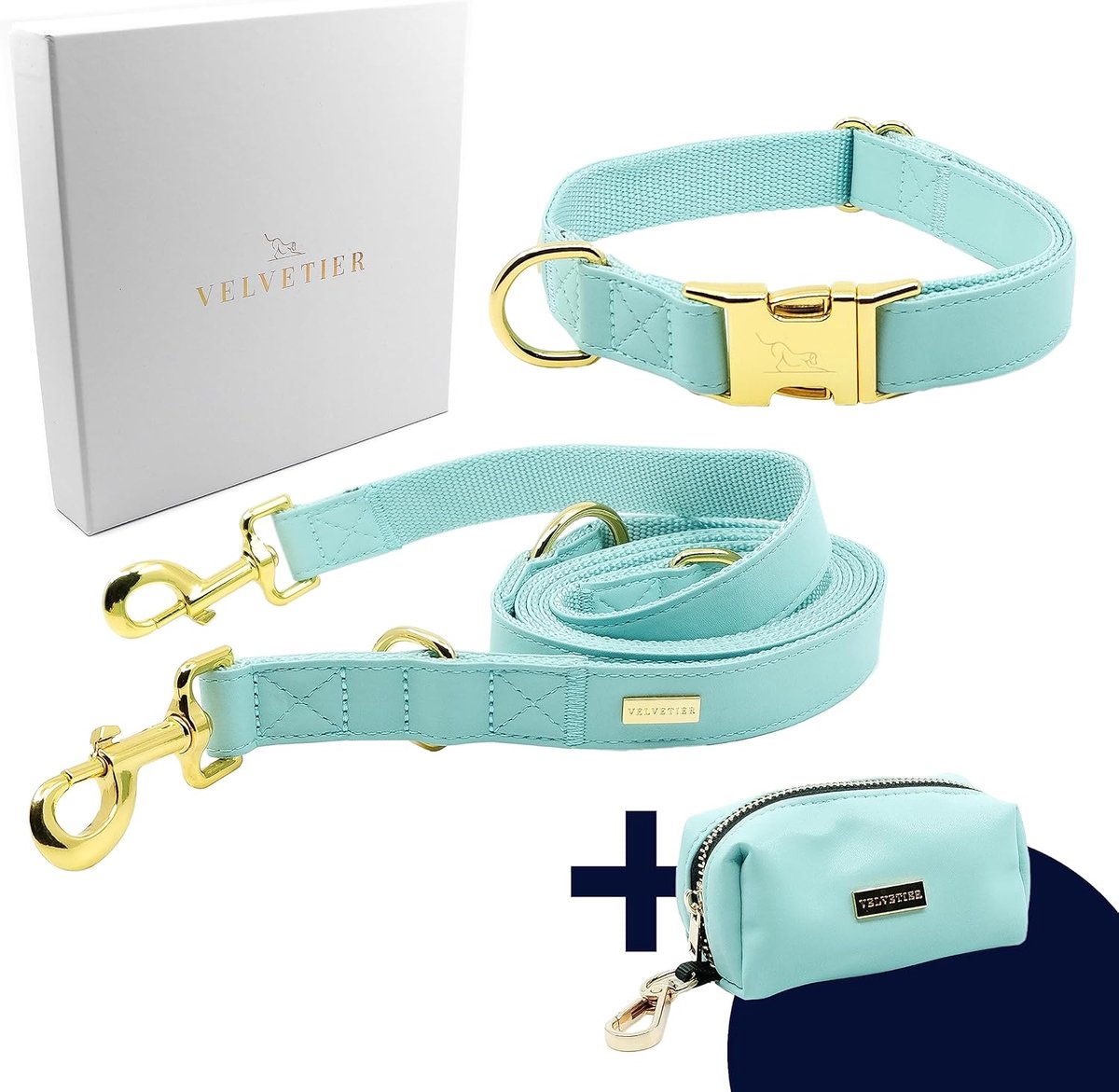 SnelShoppen - Luxe Hondenhalsband Set met Leash en Pocket Dispenser, Vegan Leer, Honden Halsband en Lijn 2m, M/L 39-59 cm, Mint met Gouden Accenten