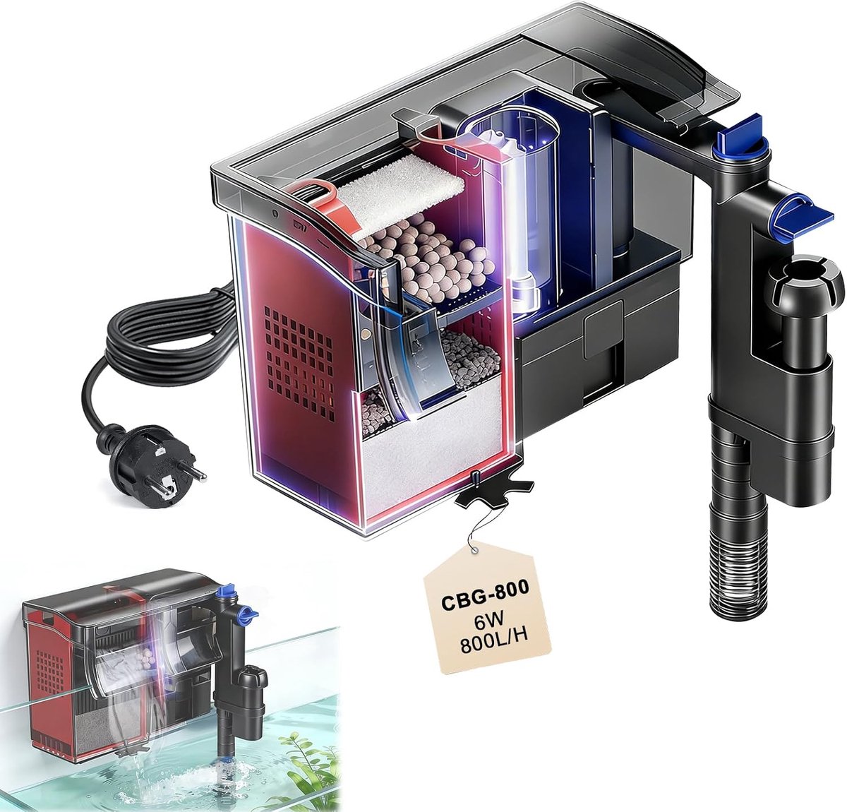 SnelShoppen - Aquarium Filter 6 W 800 L/H met UV Lamp - Buitenfilter voor 75-190 L Nano Cube en Mini Aquarium - Verstelbare Hangfilter met Vervangbare