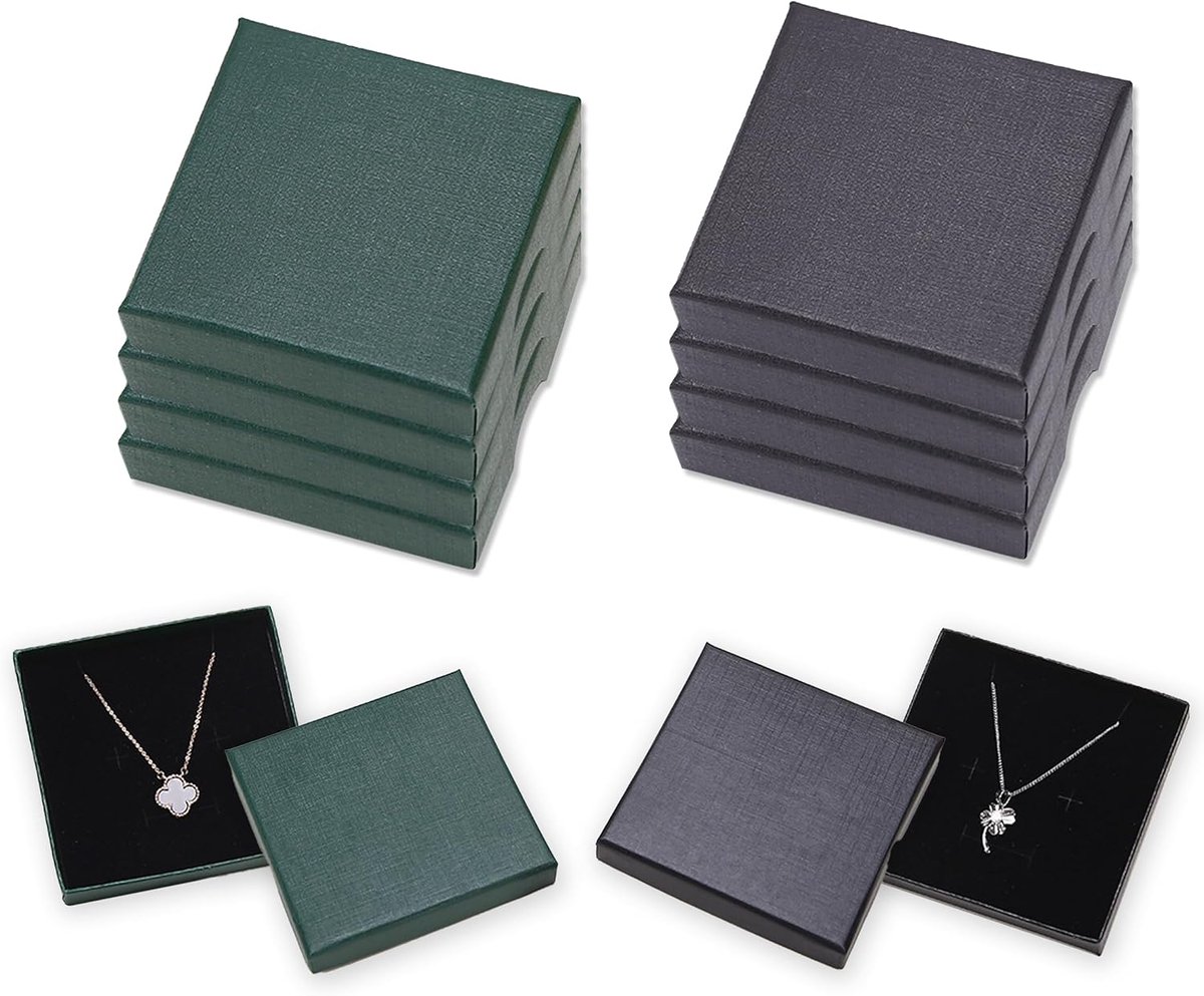 SnelShoppen - 8 Stuks Sieraden Geschenkdoos - Compacte Zwarte en Groene Juwelendoos met Deksel voor Armbanden, Ringen, Oorbellen - 8x8x1.5cm Organisat
