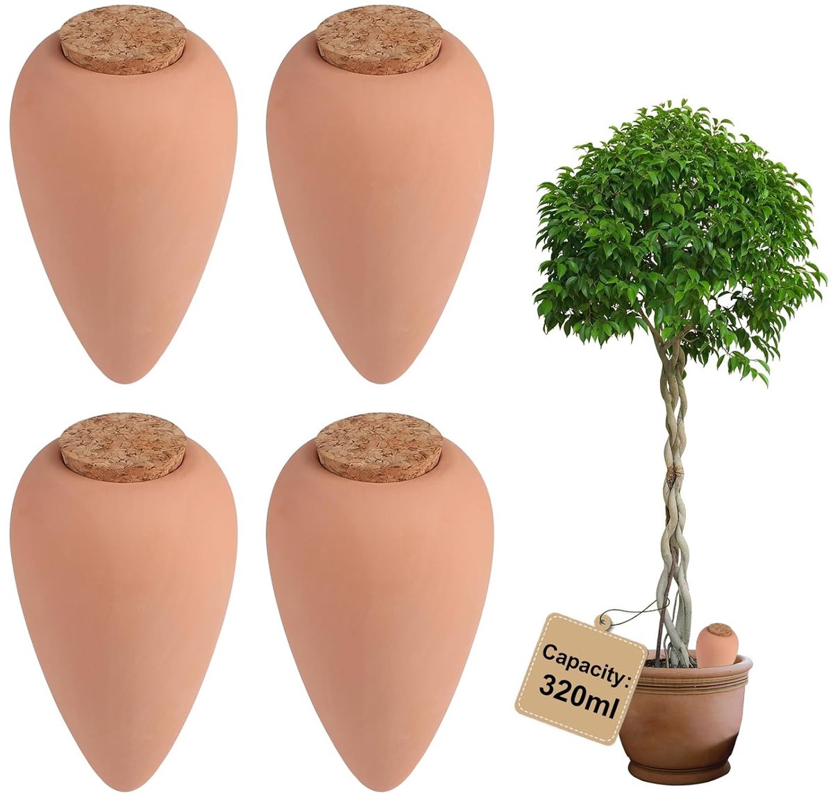 SnelShoppen - Automatische Irrigatie Oyas 4 × 320 ml, Terracotta Waterdispenser voor Planten, Zelfbewaterende Kegel voor Bloempotten, Ideaal voor Tuin