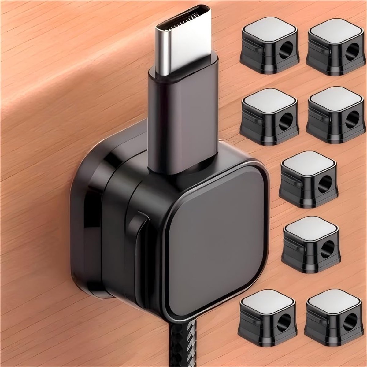 SnelShoppen - 8 Stuks Zelfklevende Kabelhouders, Magnetische Kabelclips voor Bureau, Perfect voor Netsnoeren, USB Oplaadkabels, Audiokabels, Zwart