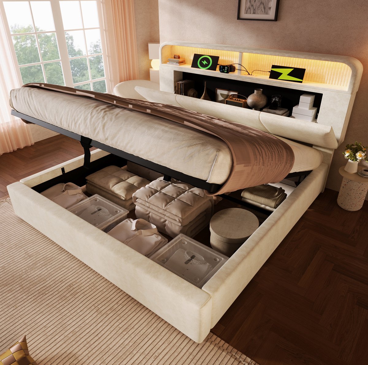 WUVRIE Opbergbed 180x200 cm met verstelbaar hoofdbord, LED, USB en Type-C, beige