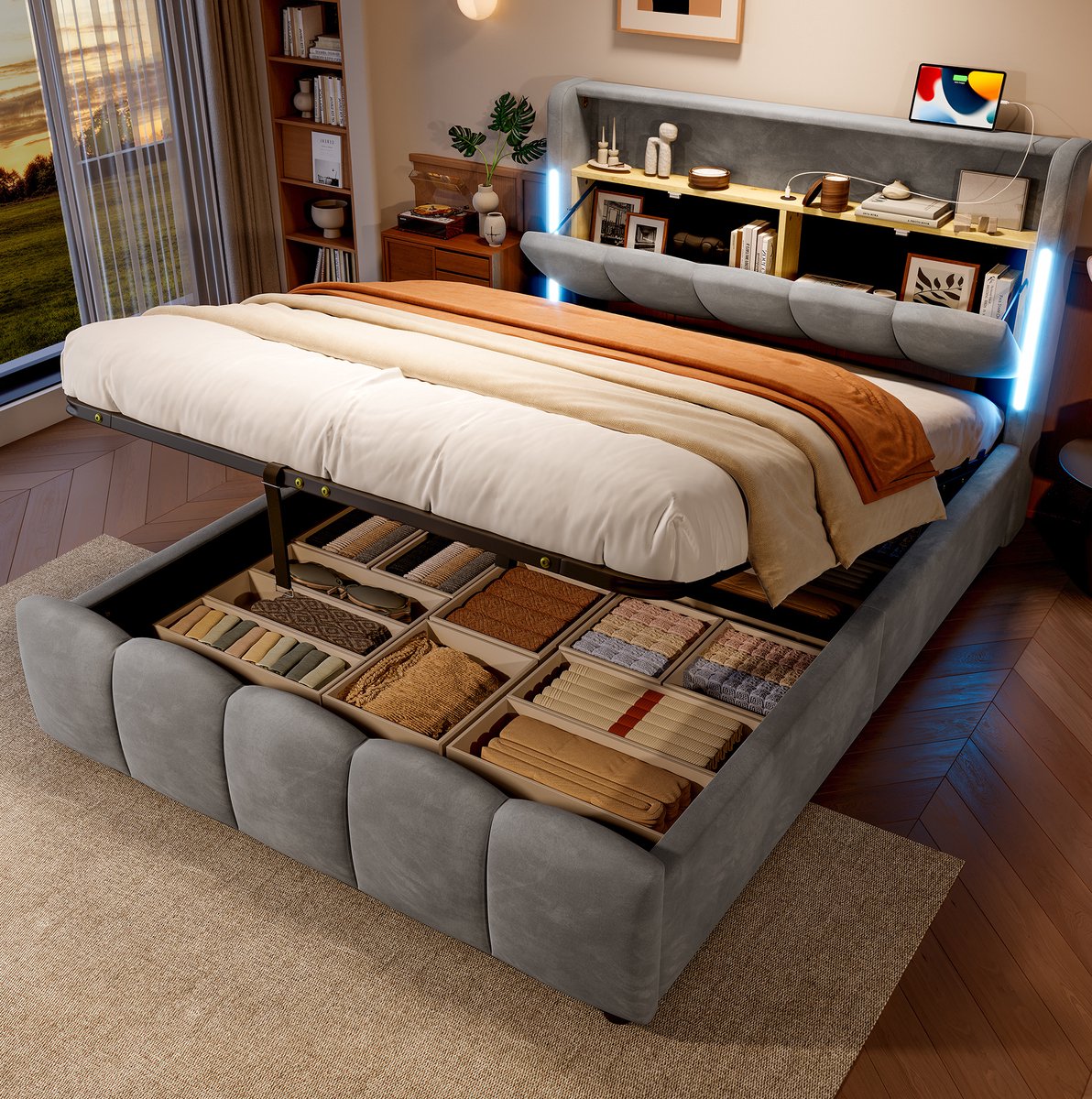 WUVRIE Opbergbed 140x200 cm met LED, USB en Type-C, hydraulische opbergruimte en velours, grijs