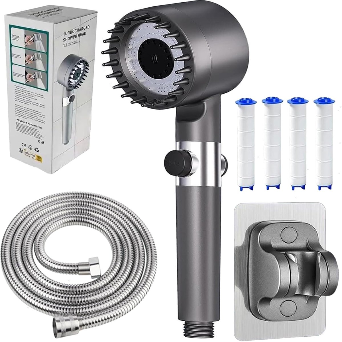 SnelShoppen - Handdouche met Filter en Hoge Druk, Waterbesparende Douchekop met Slang, Stopfunctie, Hard Water, Chloor, Bacteriën en Zware Metalen Ver