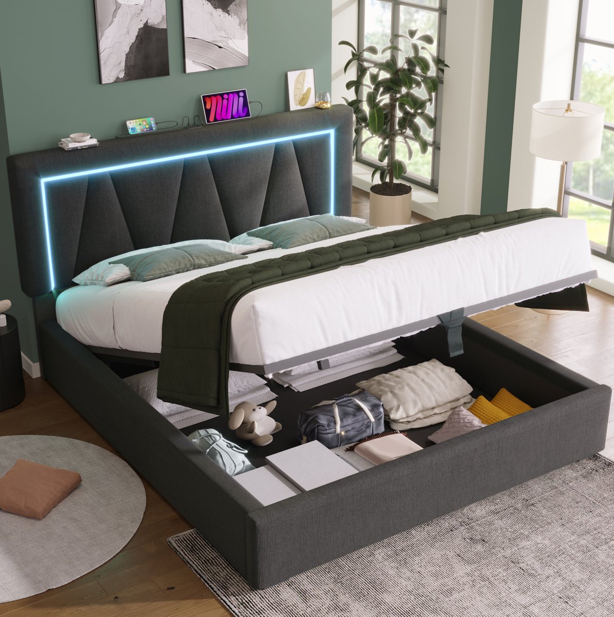 WUVRIE Opbergbed 140x200 cm met verstelbaar hoofdbord, LED, USB-C en lattenbodem, grijs/beige