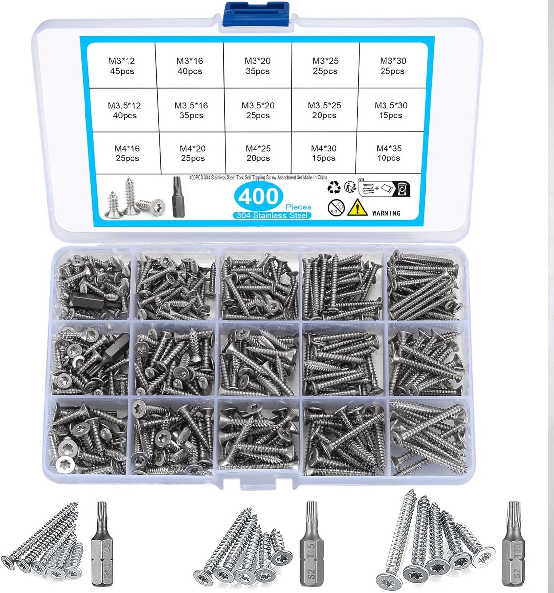 SnelShoppen - 400 Stuks Zelftappende Schroeven Set, RVS Verzinkte Torx Schroeven, Hout- en Gipsplaten Schroeven met Boor M3/M3.5/M4, 12-35mm - Zilver,
