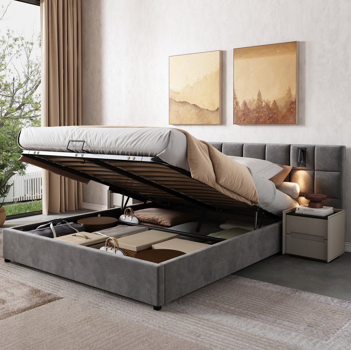 WUVRIE Gestoffeerd opbergbed 180x200 cm met hydraulische lift, leeslamp, USB en lattenbodem, grijs