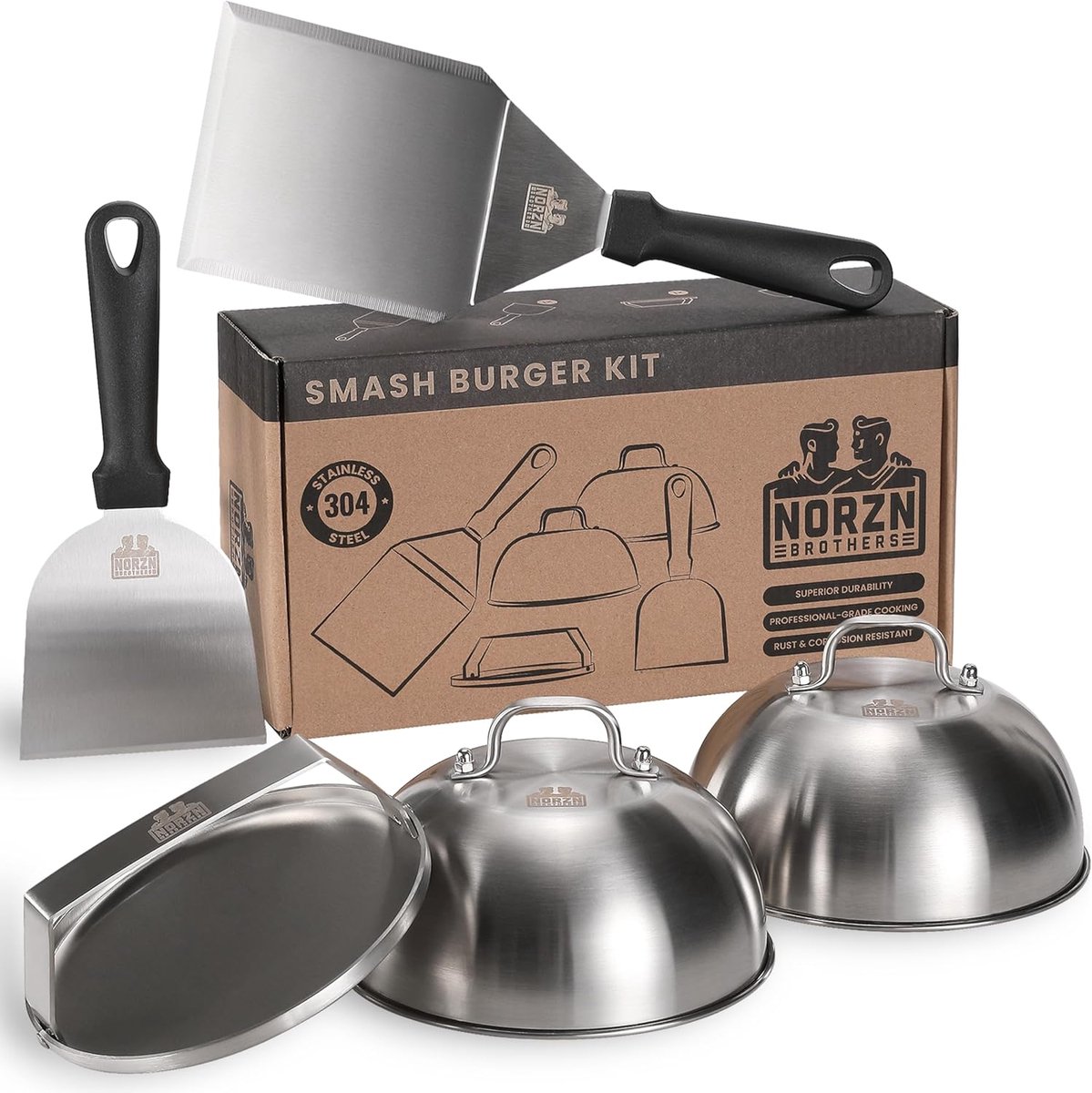 SnelShoppen - Smash Burger Kit - Inclusief BBQ Spatula, Grill Scraper, 2x Metaal Cloche, RVS Grill Press - Perfect voor BBQ, Camping, Tuinfeest, Keuke