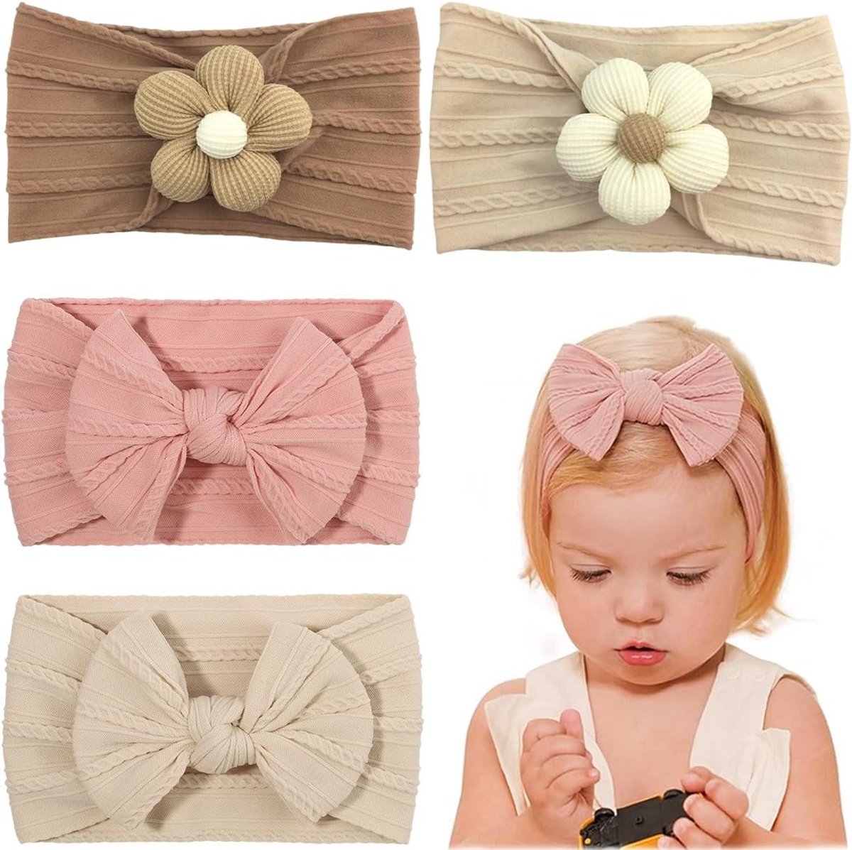Babyhaarbanden voor meisjes 4 stuks - elastisch nylon - zachte hoofddeksels - voor pasgeborenen en peuters - ShopVlot