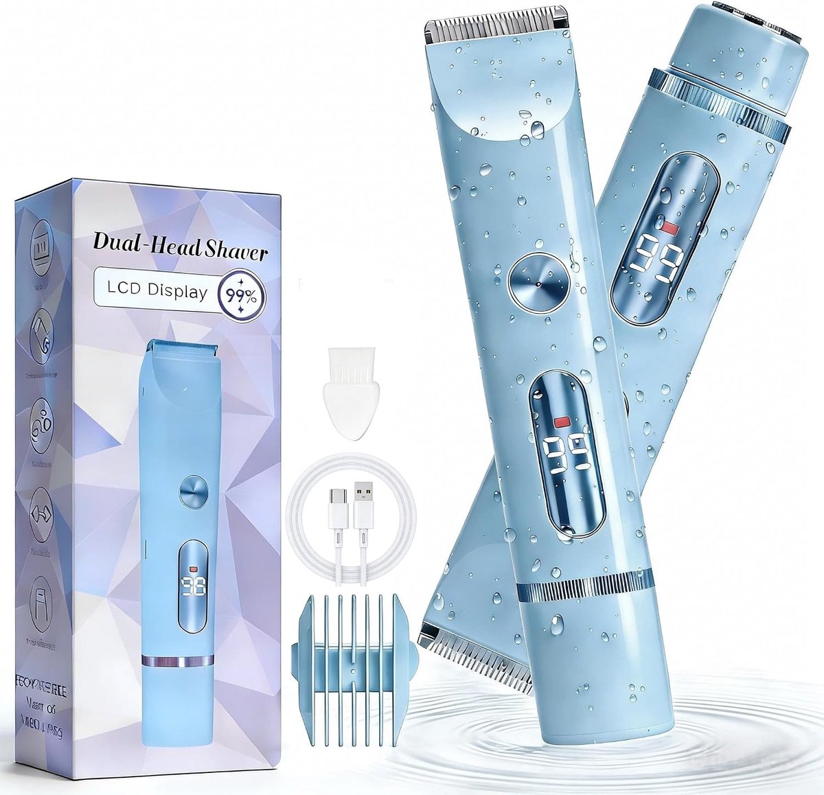 Dames, 2 in 1 scheerapparaat met dubbele kop, bikinitrimmer voor vrouwen, IPX7 waterdicht, nat en droog gebruik, LED, lichaamstrimmer voor benen, armen, oksels (Blauw)