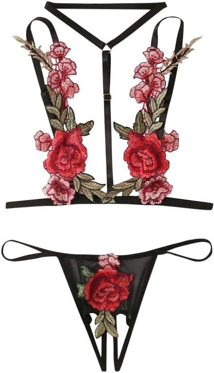 Bodystockings dames Dames Borduurwerk Sexy Lingerie Kanten Beha en String Lingerie Dames 2 stuks-black_M