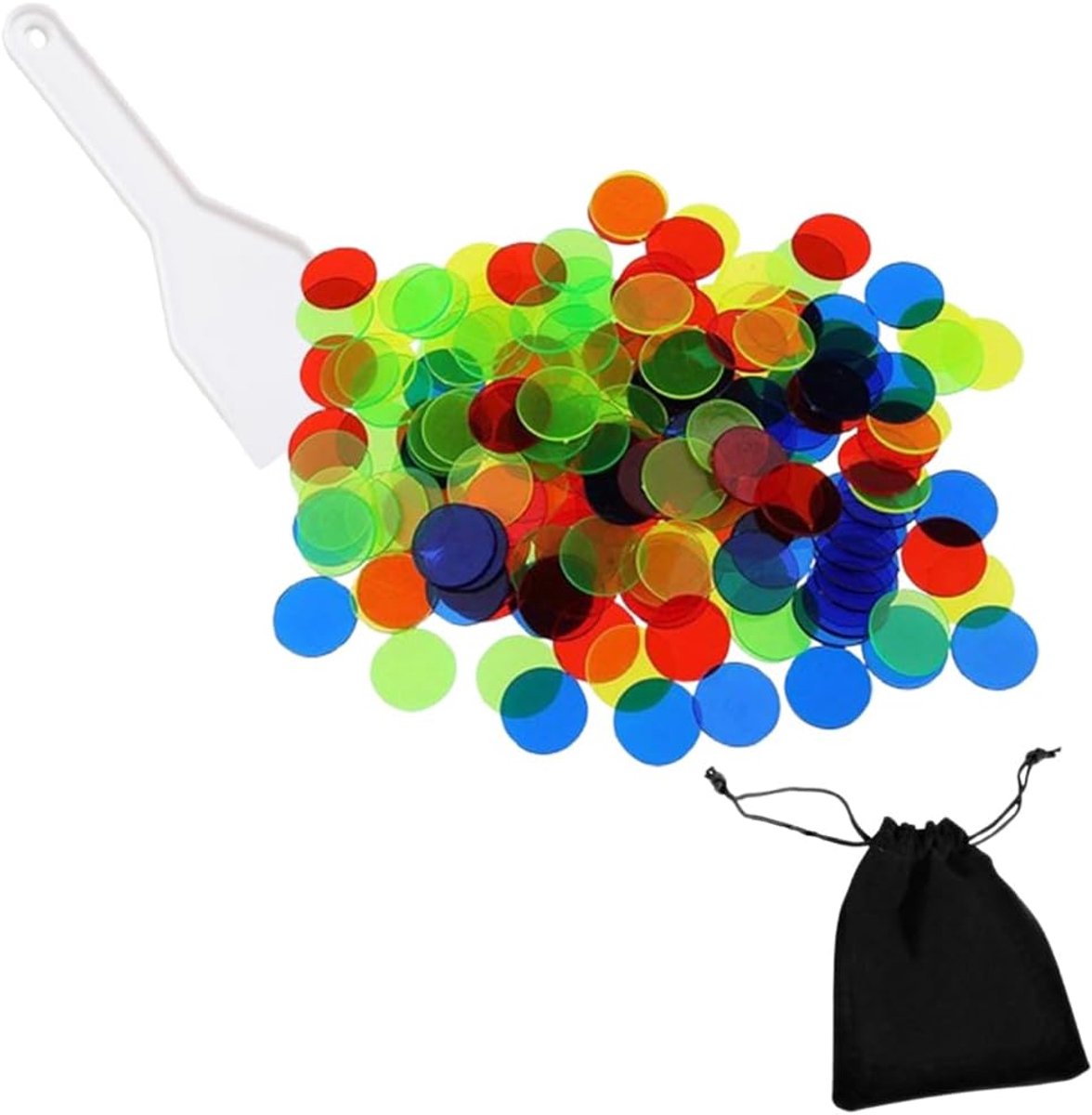 Bingo-chips van kunststof met spatel en fleecehoes, gemengde kleuren, transparant, 15 mm (de chips zijn verkrijgbaar in willekeurige kleuren)