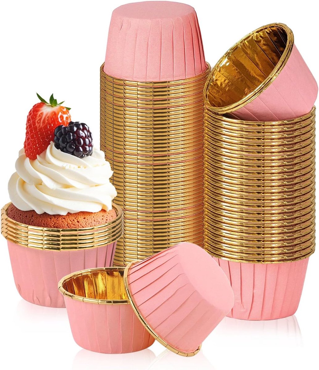Muffinvormpjes, 150 stuks muffin cupcakevormen, bakvormpjes, muffinvormpjes, cupcake-muffinvormpjes van aluminiumfolie, papieren vormpjes, liners, wrapper papier voor bruiloft, feest (roze)