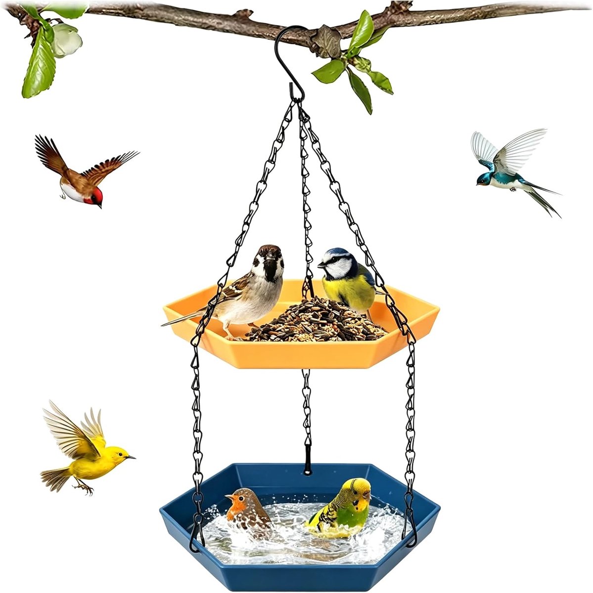 Vogelvoederdispenser en vogelbad hangend, tweetraps uitvoering vogelvoederhuis, vogelbad om op te hangen voor vogels, tuin, balkon, voederbak, hangende voederschaal