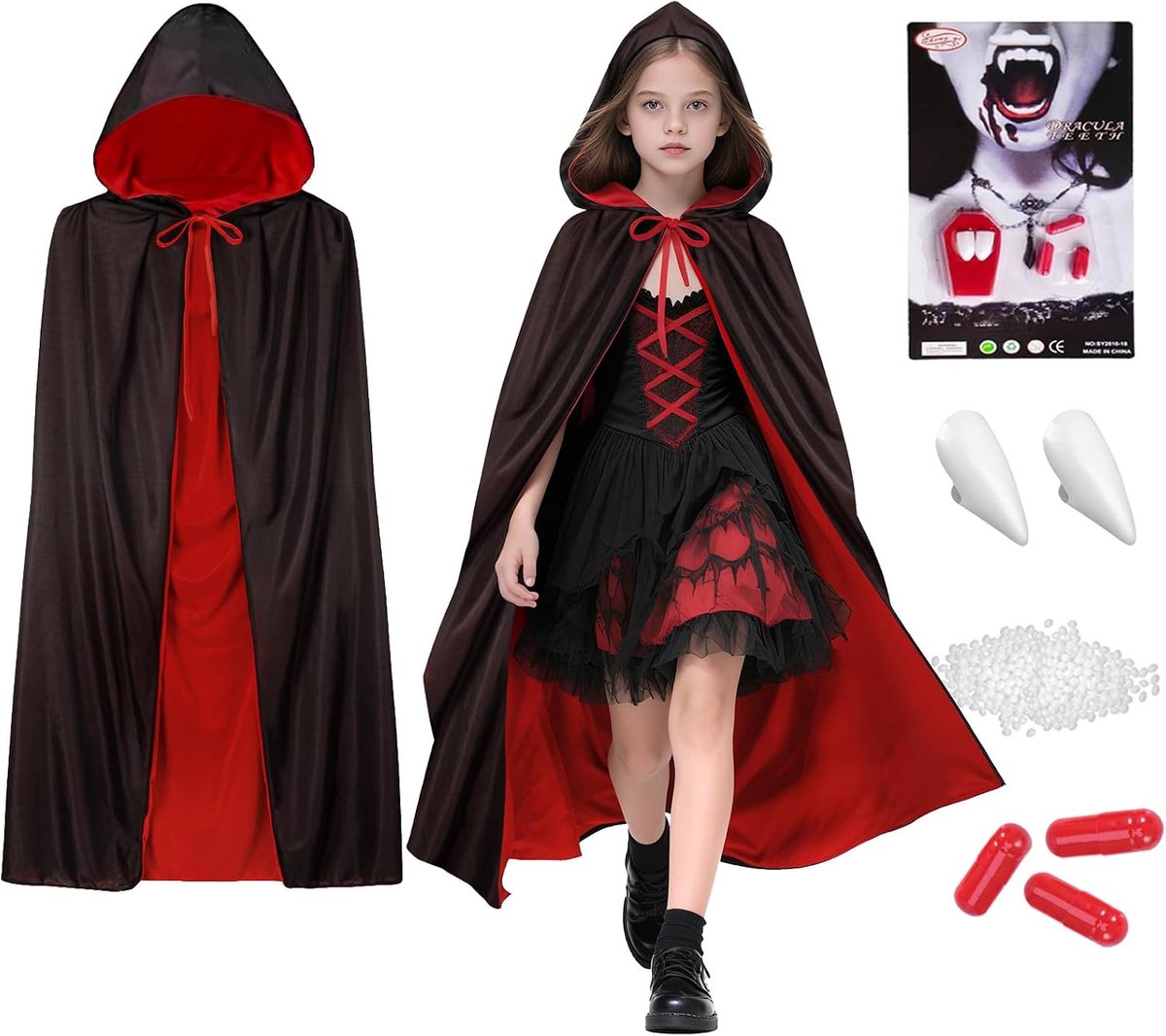 Kostuumset, 100 cm dubbelzijdige vampiermantel voor kinderen & vampiertanden & nepbloed, rood-zwarte Halloween-mantel capuchon Dracula-kostuum Jongens Meisjes Vampier-kostuum