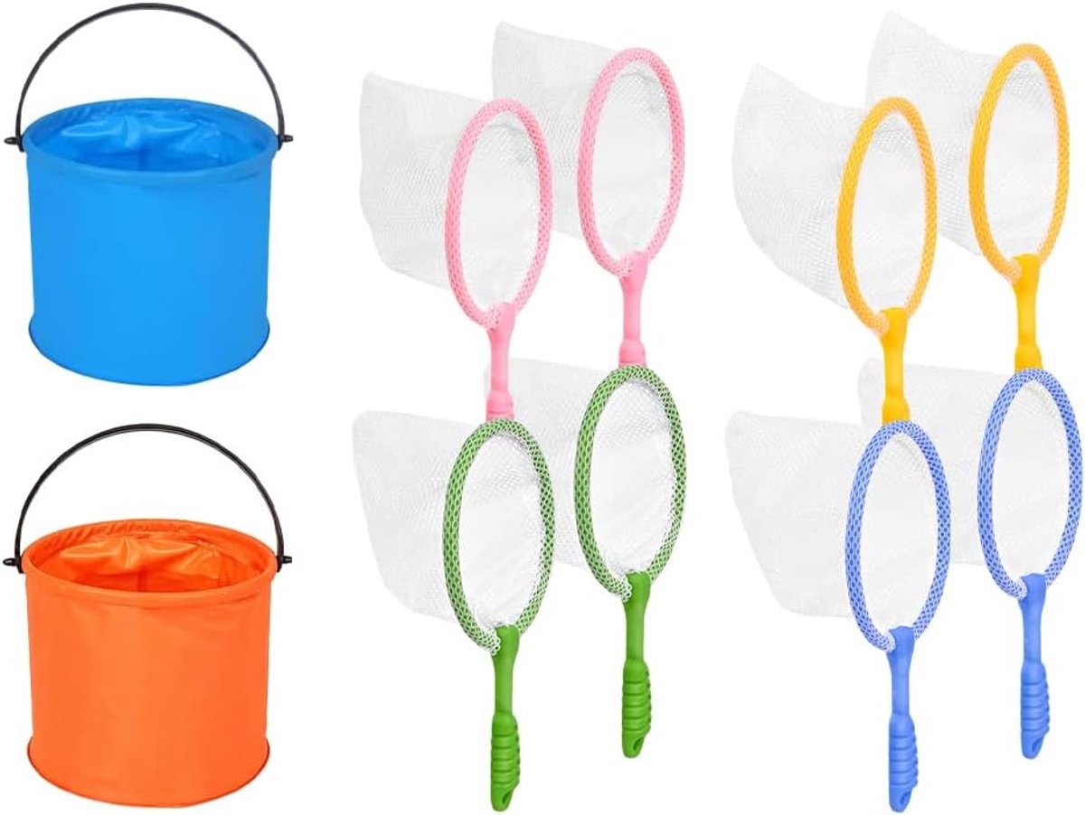 8 stuks visnet voor kinderen, vlinder, kleurrijke vlindernetset met opvouwbare emmers, outdoor visnet, voor strandvissen en tuinactiviteiten