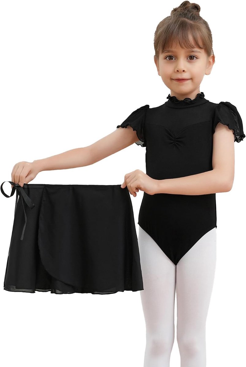 2-delig ballet meisje korte mouw gymnastiek kostuum met chiffon dance wrap jurk voor kinderen dance kostuum set