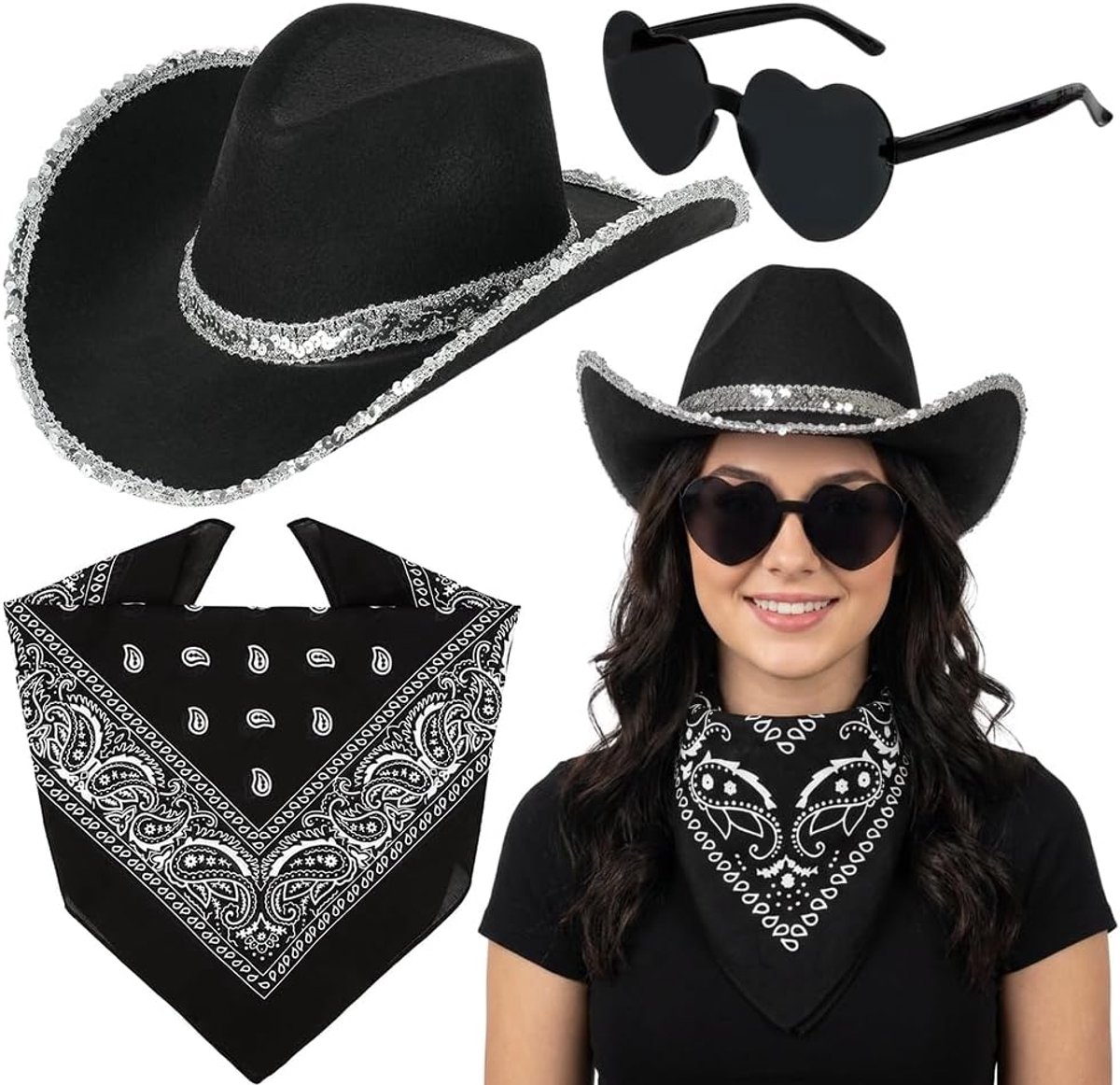 Cowboyhoed met hartbril en bandana, vilten hoed met pailletten voor westernkostuum, feestjes en festivals, 3-delige set