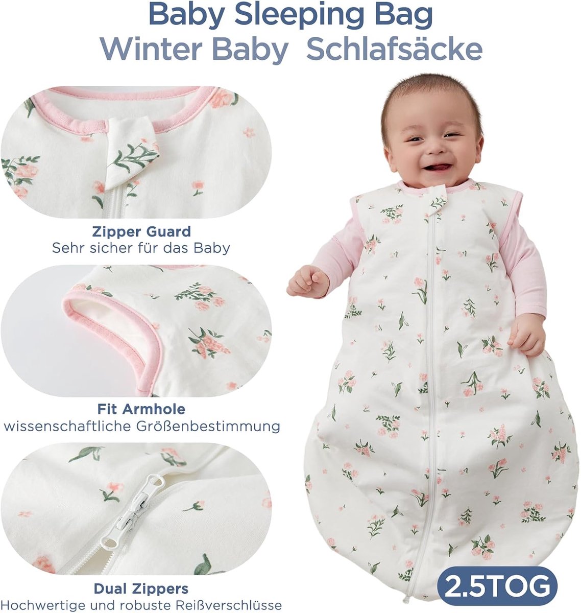 Baby Slaapzak Winter 2.5 Tog Slaapzak 0-6 maanden 100% Katoen Baby Draagbare Deken voor Pasgeborenen, Bloem