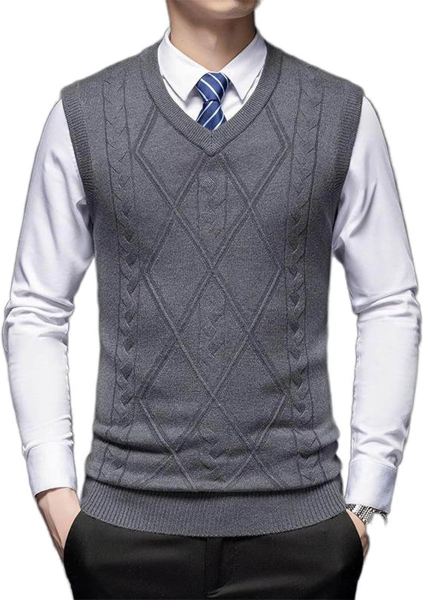 Kasjmier Gemengd Argyle V-Hals Gebreid Vest, Herfst En Winter Klassiek Kleurcontrast Casual All-Match Mouwloos Vest Pullover Herenkleding, Gentleman Knitwear Sweater Tank Tops, Middeng