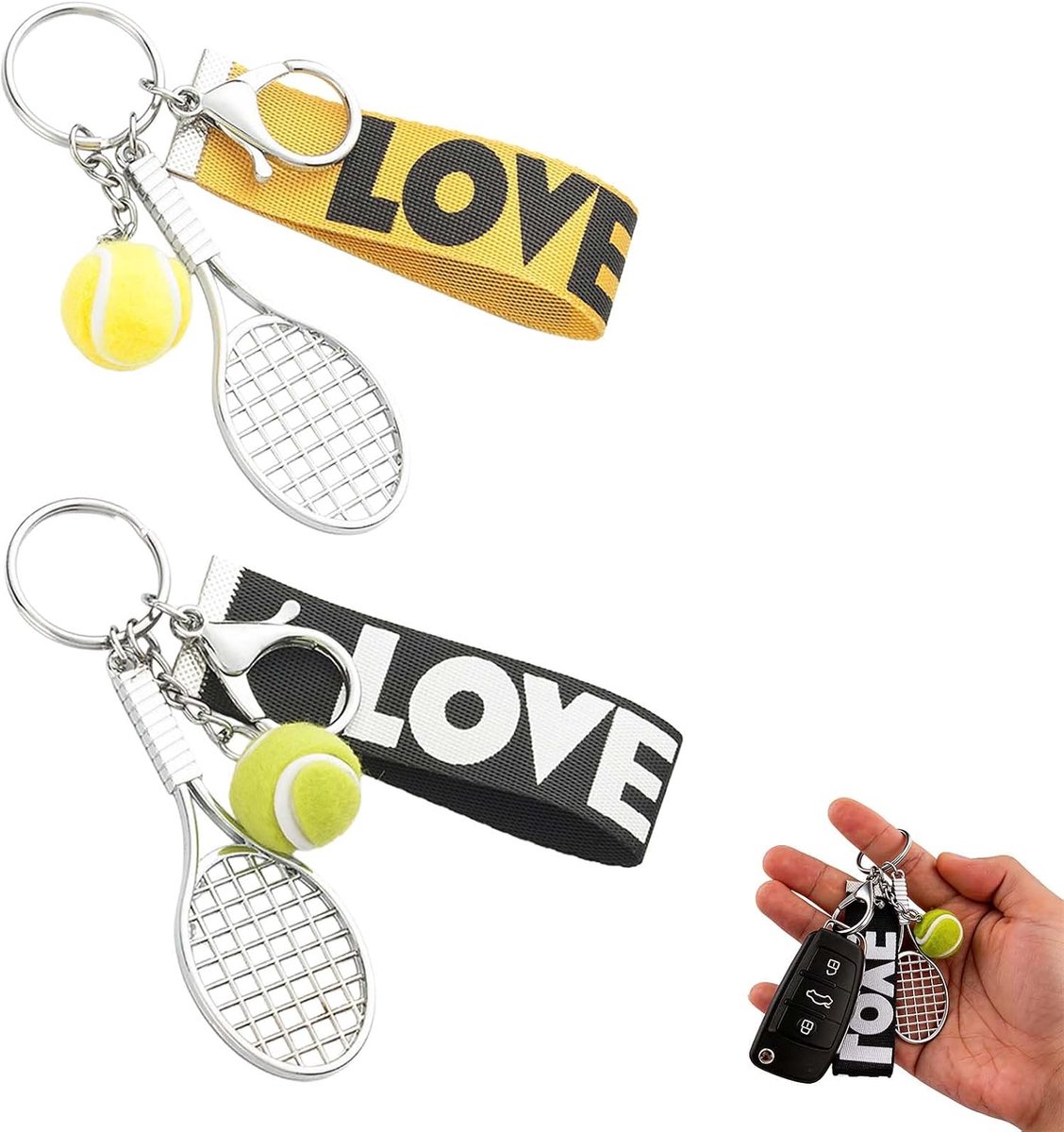Tennisracket sleutelhanger set 2 stuks – Met mini tennisbal, metalen keychain met karabijnhaak en ring, sport sleutelhanger voor tas, rugzak en sleutels