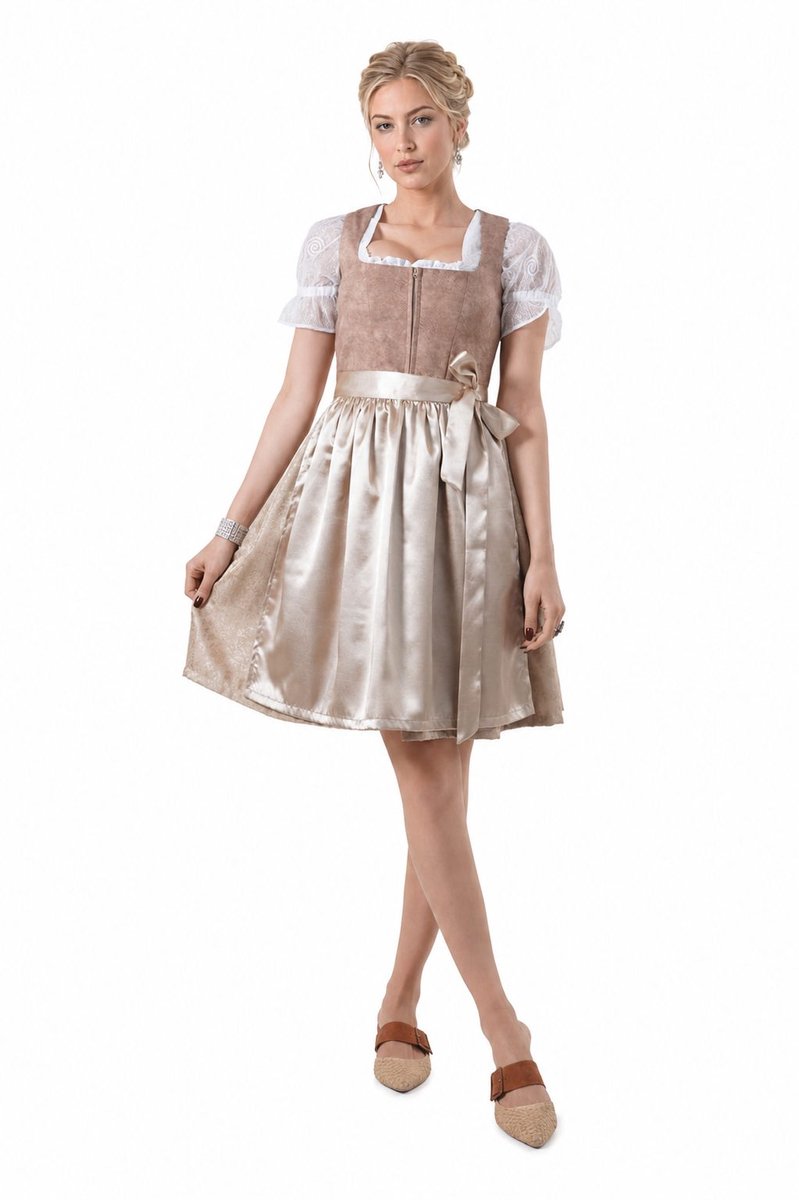 Harmony 2-delige Dirndl (jurk + schort) in lichtbruin/donkerbeige