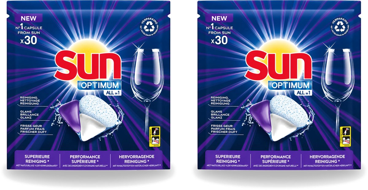 2 x Sun Optimum - All-in-1 - Vaatwasmiddel - Capsules - Maandbox - 30 Capsules - Voordeelverpakking - 2 stuks