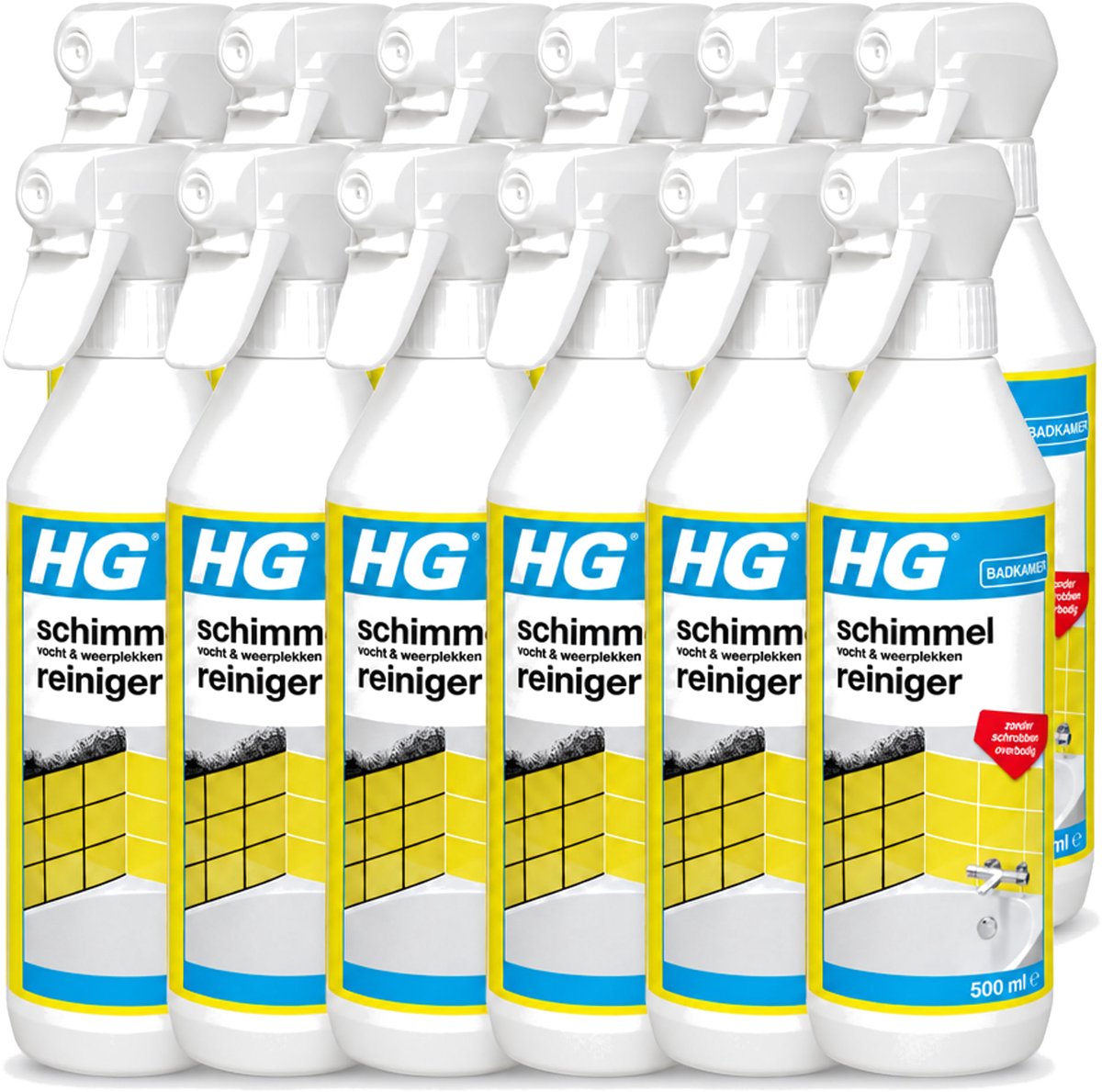 12 x HG - Badkamer - Schimmel, Vocht En Weerplekkenreiniger - Maakt Schrobben Overbodig - 500 ml - Voordeelverpakking - 12 stuks