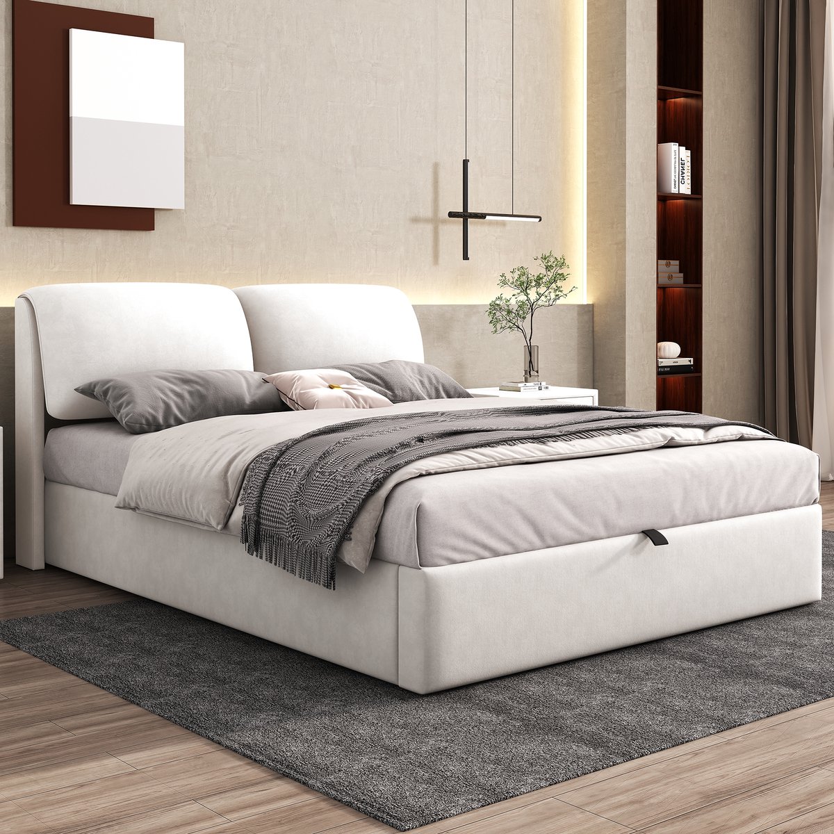 WUVRIE Gestoffeerd bed 140x200 cm met hydraulische bedbodem, 3 lades en opbergruimte, beige
