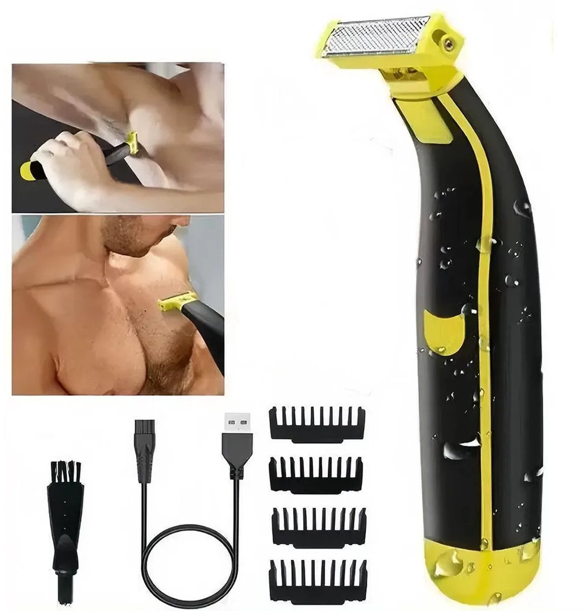 Elektrisch scheerapparaat Geschikt voor mannen, 3-in-1 baardtrimmer, Geschikt voor nat en droog gebruik, USB-oplaadbaar, Geschikt voor gezicht, hoofd en lichaam, inclusief 4 opzetstukken.